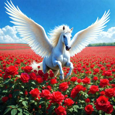 The primary subject of the image is a white horse with wings, flying through a field of red flowers. The horse appears to be a mythical creature, such as a pegasus, with its wings spread wide. The setting is a vibrant, colorful field filled with red flowers, creating a lively and magical atmosphere. The visual style of the image is a combination of digital art and illustration, giving it a unique and captivating appearance. The dominant colors in the image are red and white, with the red flowers providing a striking contrast against the white horse. Overall, the image conveys a sense of wonder and fantasy.